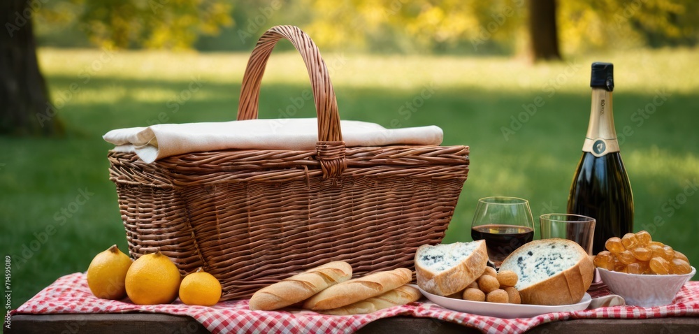  a picnic table with a basket of bread, oranges and a bottle of wine and a basket of cheese and breadsticks on a checkered table cloth.