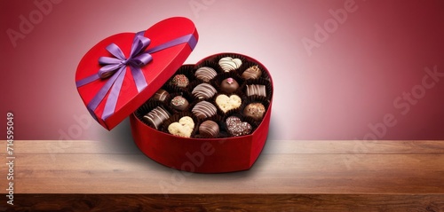  a heart - shaped box of chocolates with a bow on the top of the box, on a wooden table, against a red wall, with a red background.