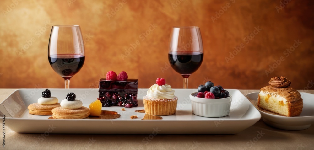  a couple of glasses of wine sitting on top of a table next to a plate with desserts and a cupcake on top of a plate next to a glass of wine.