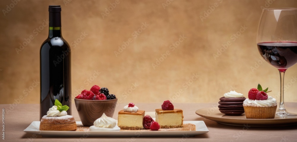  a bottle of wine next to a plate of desserts and a glass of wine on a table with a plate of desserts and a bottle of wine in the background.