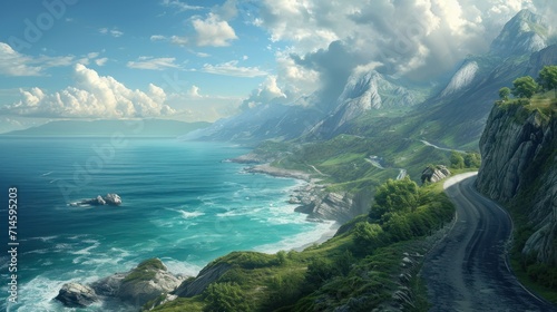  an artist's rendering of a scenic view of the ocean with a road running along the side of a cliff and a body of water in the foreground.
