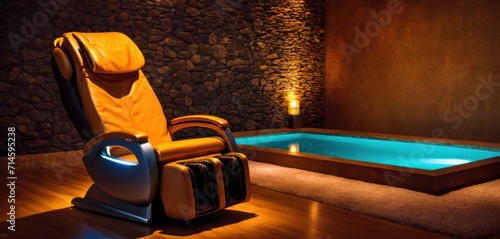  a reclining chair sitting in front of a hot tub in a room with a stone wall and a lit candle on the side of the wall next to the pool. photo