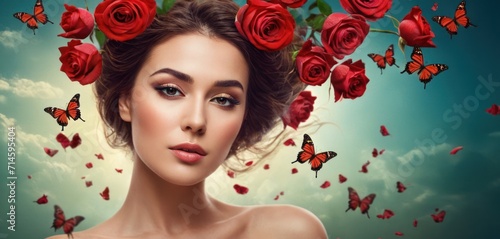  a painting of a woman with red roses in her hair and a butterfly in her hair  with a blue sky and clouds in the background  with red roses in the shape of a woman s head.