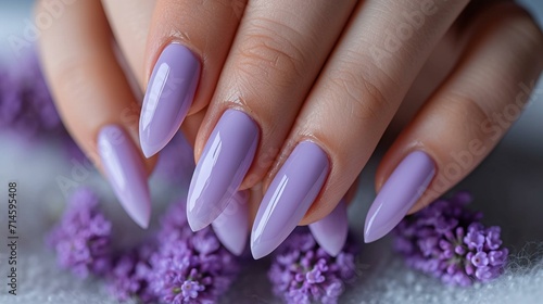 Soft and romantic lavender nails with a glossy finish, highlighting femininity and grace. [Lavender nails, well-groomed women's hands with delicate and elegant manicure, banner spa