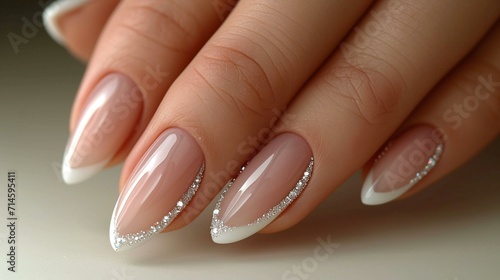 Timeless and classic French tip nails with a twist  incorporating a delicate silver accent for added elegance.  French tip with silver accent  well-groomed women s hands with delic