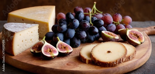  a cutting board topped with cheese and figs next to a pile of grapes and a slice of cheese on top of a wooden board with a knife and a bunch of grapes.