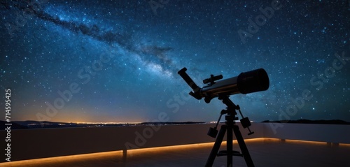  a telescope sitting on top of a wooden tripod under a night sky filled with stars and a large telescope mounted on top of a wooden tripod on a metal tripod. photo