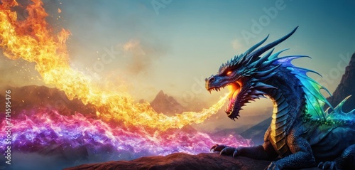  a dragon sitting on top of a rock in front of a fire and smoke filled mountain with a bright orange and purple flame coming out of it's mouth. © Jevjenijs