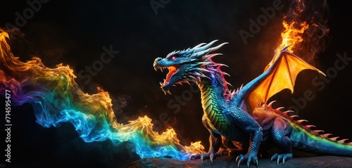  a colorful dragon sitting on top of a rock next to a rainbow colored cloud of smoke and fire behind it is a black background and a black background with a black backdrop.