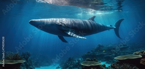  a humpback whale swims under the water's surface in a blue ocean with corals and sponges on the bottom of the water's surface.