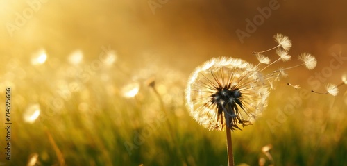  a close up of a dandelion in a field of grass with the sun shining down on the grass and the dandelions blowing in the foreground.