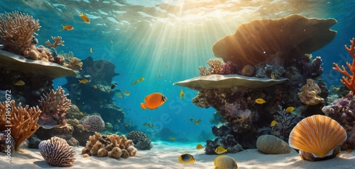  an underwater scene of a coral reef with many different types of corals and fish swimming in the water, with sunlight streaming through the water, and sunlight streaming through the water. photo
