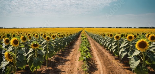  a large field of sunflowers with a dirt road in the foreground and a clear blue sky in the background with a few wispy clouds in the distance.