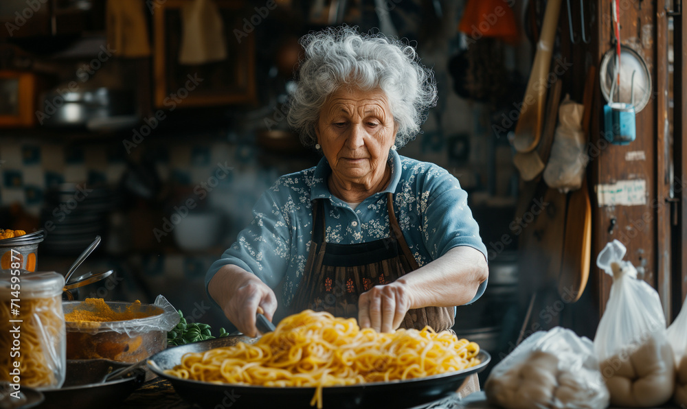 Grandma in Sicily stands at the cooker and makes pasta. Grandma in Sicily stands at the cooker and makes pasta.