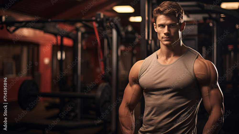 Handsome young man working out at the gym. Bodybuilding concept.