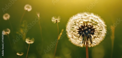  a close up of a dandelion with the sun shining on the dandelion and it's seeds blowing in the wind on a green and blurry background.