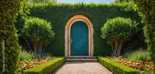  a blue door in the middle of a garden with hedges and flowers on either side of the door is an archway with a blue door that leads into the garden. photo