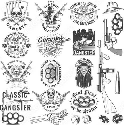 Set of gangster club badge design. Vector illustration. Vintage monochrome label, sticker, patch with gangster, submachine gun and tiger gangster skull silhouettes.