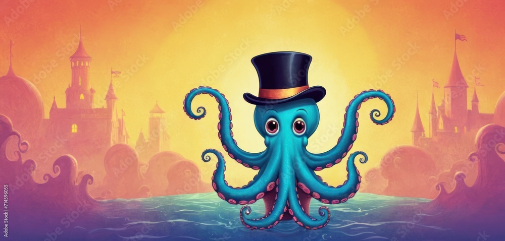 an octopus wearing a top hat and standing in front of an orange and ...