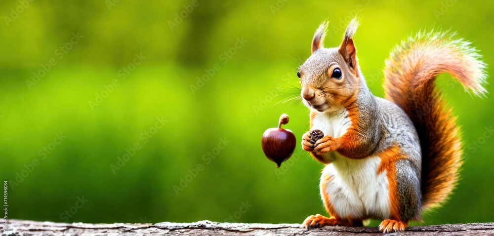 a squirrel eating an acorn on top of a tree branch in a forest with a blurry background of green grass and a tree trunk with a squirrel eating an acorn. a squirrel eating an acorn on top of a tree branch in a forest with a blurry background of green grass and a tree trunk with a squirrel eating an acorn.