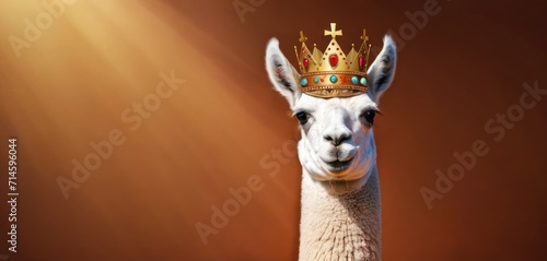  a llama with a crown on it's head standing in front of a red and orange background with light coming through the top of the head of the llama.