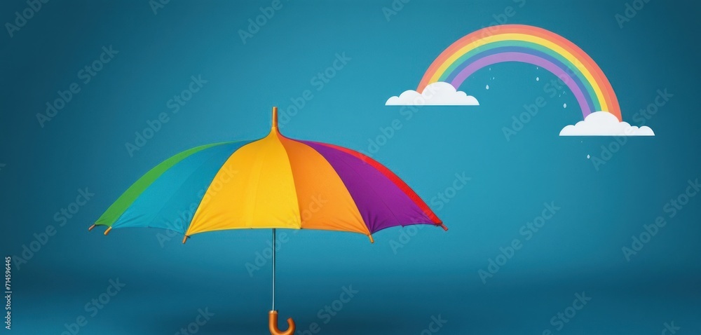 a multicolored umbrella with a rainbow in the sky in front of a blue background with a white cloud and a rainbow in the sky above it is a rainbow.
