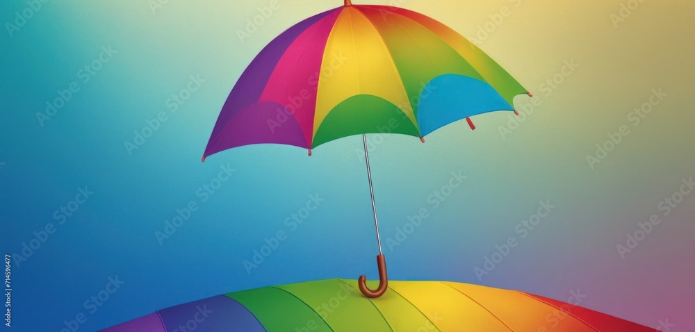  a multicolored umbrella with a hook hanging from it's side against a blue, green, yellow, pink, purple, and green background that appears to be the same color.