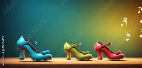 a row of colorful high heeled shoes with musical notes coming out of the top of the heels, on a wooden surface, against a green and blue background.