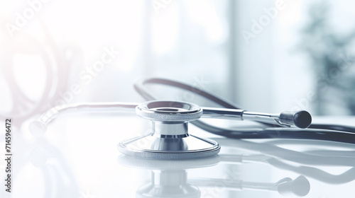 Stethoscope on white table in medical office. Medicine and health care concept.