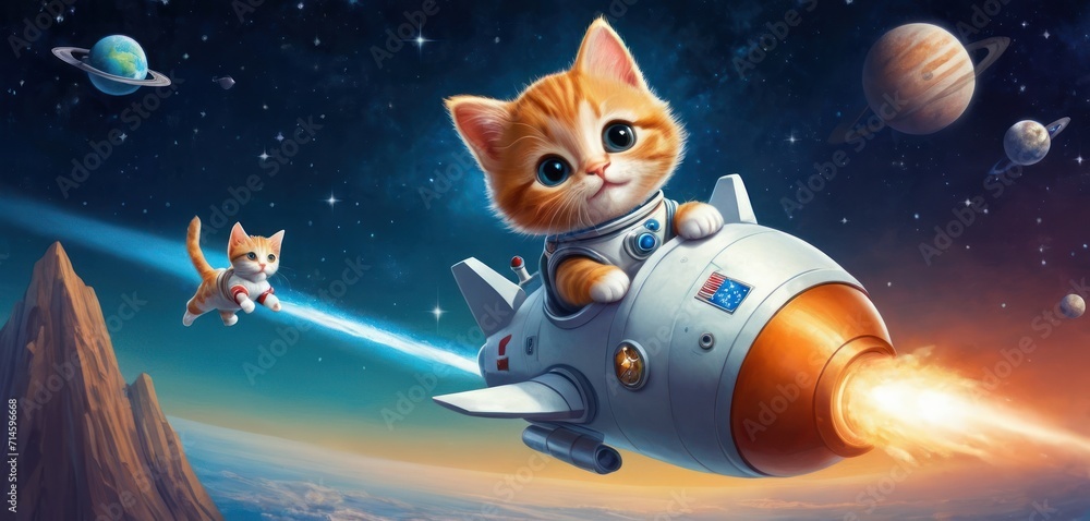 a painting of a cat in a space suit riding on top of a rocket next to a cat on top of a cat on top of a rocket with planets in the background. a painting of a cat in a space suit riding on top of a rocket next to a cat on top of a cat on top of a rocket with planets in the background.