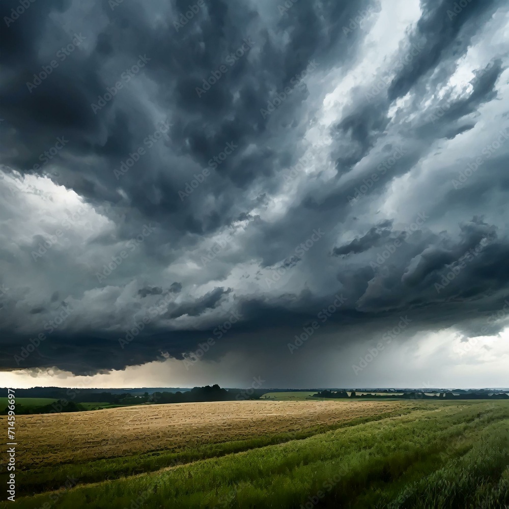 Stormy weather over the countryside fields Dark, ominous rain clouds and lightning Stormy weather over the countryside fields Dark, ominous rain clouds and lightning