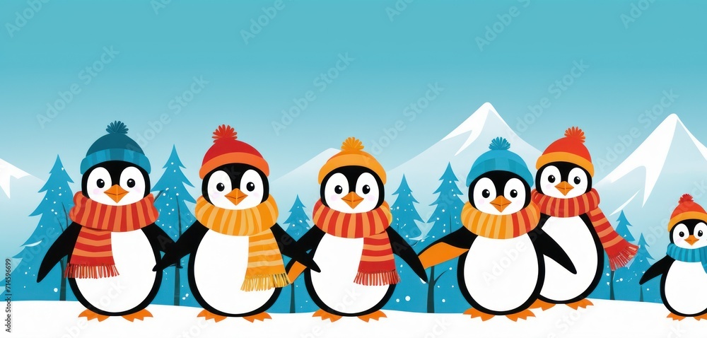  a group of penguins standing next to each other in front of snow covered trees and a blue sky with a few snow capped mountains in the middle of the background.