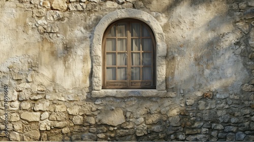  a window on the side of a stone building with a window pane on the side of a stone building with a window pane on the side of a stone wall.