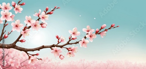  a painting of a blossoming tree branch with pink flowers on a blue sky background with the sun shining through the branches of the blossoming tree in the foreground.