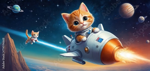  a painting of a cat in a space suit riding on top of a rocket next to a cat on top of a cat on top of a rocket with planets in the background.