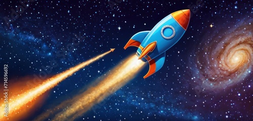  a painting of a rocket taking off into the sky with a spiral galaxy in the background and a spiral galaxy in the foreground, with a bright orange and blue star in the foreground.