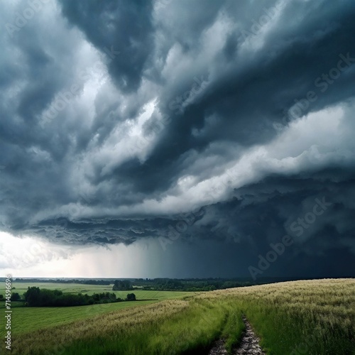Stormy weather over the countryside fields Dark, ominous rain clouds and lightning