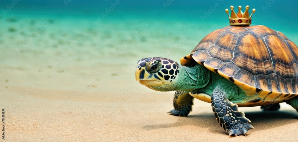  a turtle with a crown on top of it's head on a sandy beach with clear blue water in the backgrouds of the image is a blurry background.