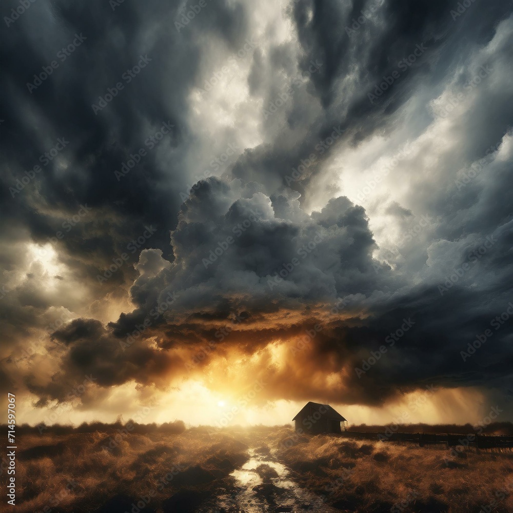 Stormy weather over the countryside fields