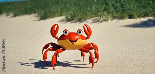  a close up of a crab on a beach near a grassy area with a body of water in the back ground and grass in the front of the back ground.