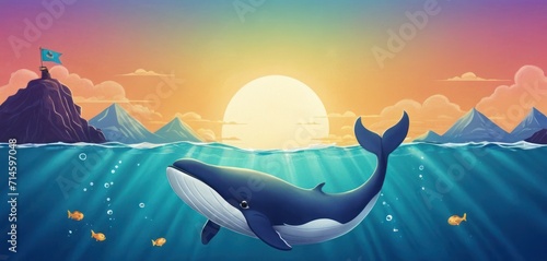  a painting of a whale in the ocean with a flag on it's head and a mountain in the background with a flag on it's head and a flag on it's tail.