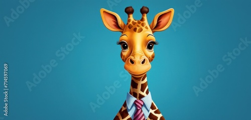  a close up of a giraffe wearing a tie on a blue background with a blue sky in the back ground and a smaller giraffe in the foreground.