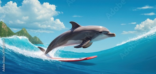  a painting of a dolphin on a surfboard in the ocean with a mountain in the background and a blue sky with clouds and a few white puffy clouds.