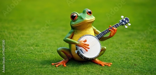  a frog that is sitting on the grass with a guitar in it's lap and eyes wide open, holding a small white frisbee in his right hand.