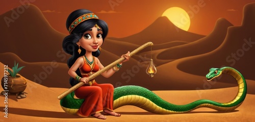  a painting of a woman sitting on a desert with a snake and an oil lamp in her hand and a desert scene in the background with hills and a full moon.