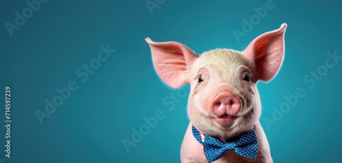 a close up of a pig wearing a bow tie and looking at the camera with a serious look on his face, on a blue background with a blue background. photo