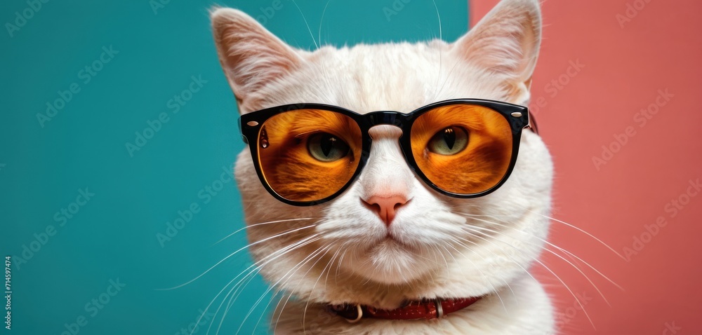 a close up of a cat wearing a pair of glasses with a cat's face in the middle of the glasses, with a blue wall in the background.