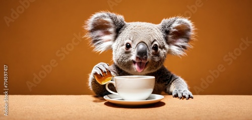  a koala sitting at a table with a cup of tea and saucer in front of it, with its mouth open, with its mouth wide open wide open wide open.
