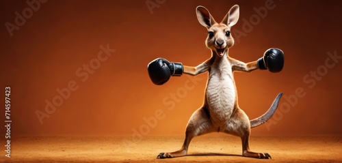  a kangaroo standing on its hind legs with two boxing gloves on it's feet and it's mouth wide open, with its mouth wide open wide open. photo