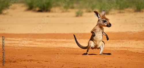  a small kangaroo standing on its hind legs on a dirt ground in front of a grassy area and dirt ground in the foreground, with grass and bushes in the background.